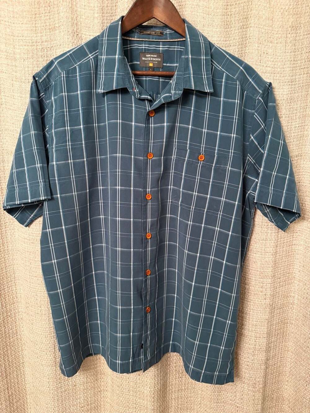 Quiksilver Waterman Collection Comfort Fit Plaid Short Sleeve Shirt Blue Large